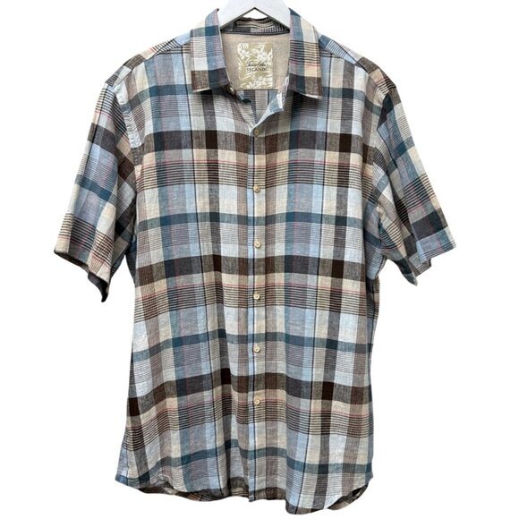 Tasso Elba Island Linen Blend Shirt Large Mens Short Sleeve Button Up Blue Plaid - Picture 1 of 8